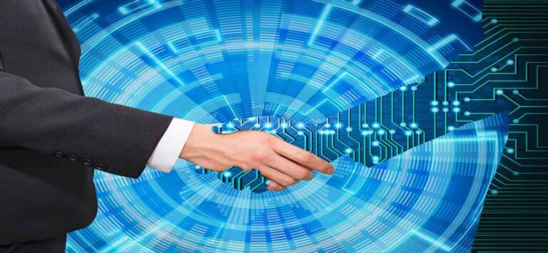 Salesman shaking hand with digital partner's hand against futuristic background representing digital transformation