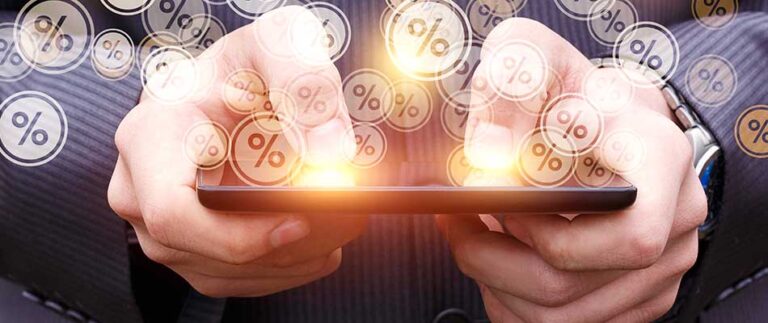 Man with tablet and percent signs - CPQ Drives Effective Price and Discount Management