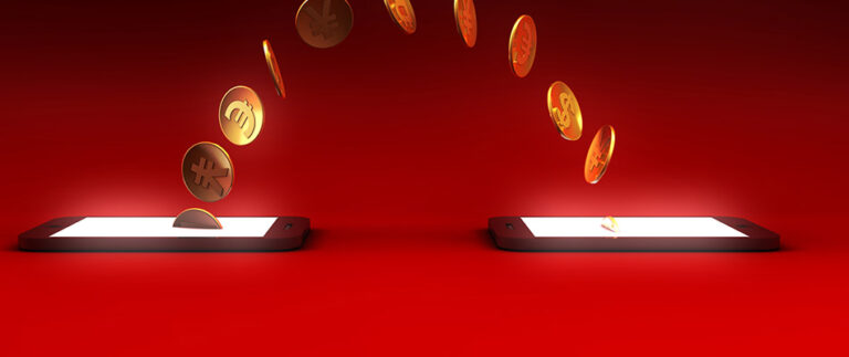 Coins moving between two tablets -Digital Selling and for Success anda Positive Customer Experience